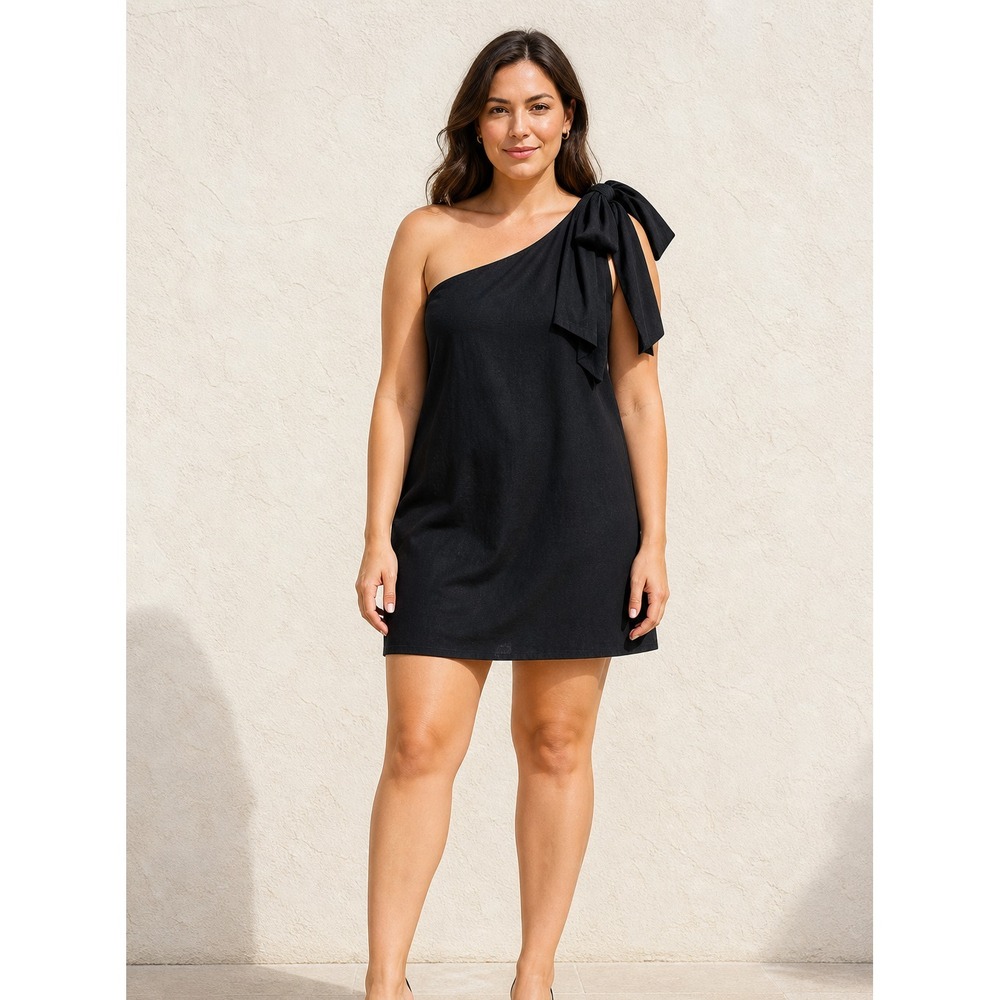 Antonio Melani Charlie Black Linen One-Shoulder Bow Mini Dress Size‎ 14